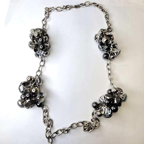 Silver Tone Crystal Buttons Beads Charms Clusters Necklace - Picture 1 of 13